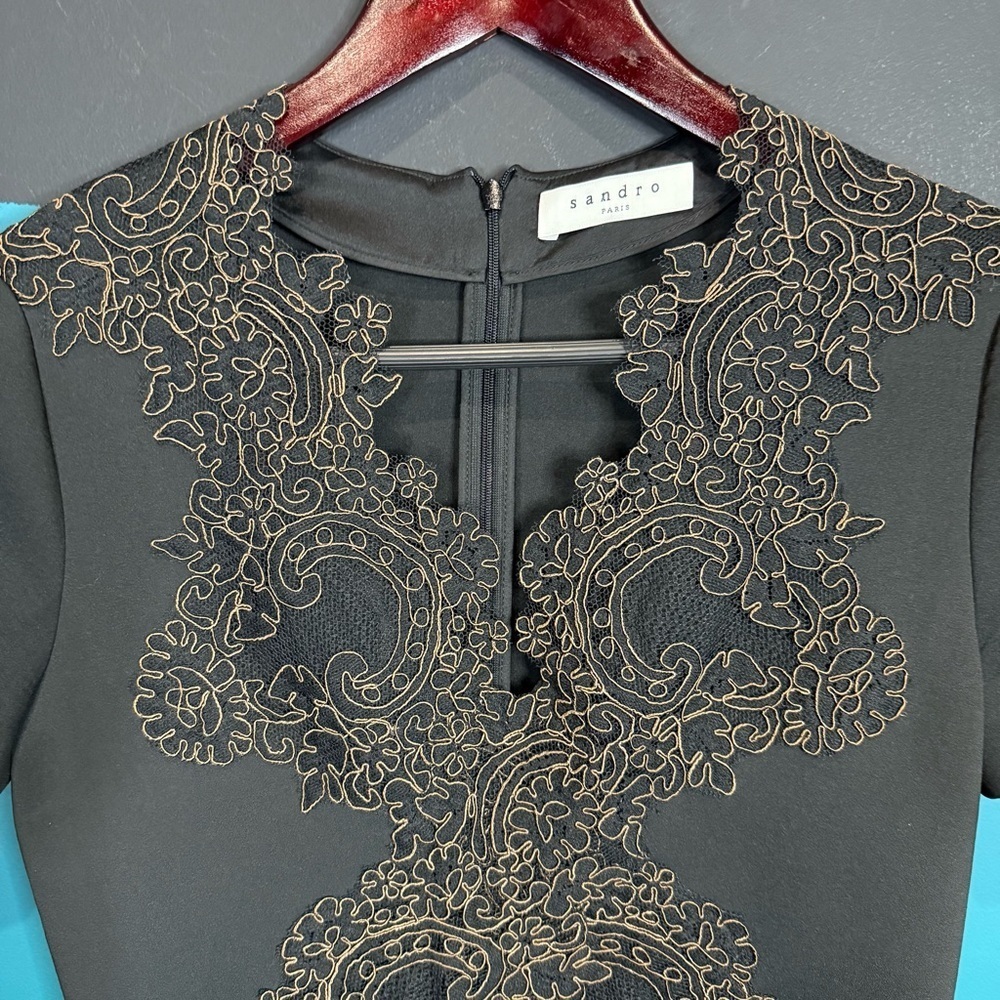 Sandro Black Dress with Embroidery R4937H-20 size Small Preppy Quiet Luxury - Picture 6 of 16